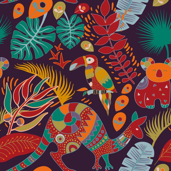 الگوی بدون درز رنگارنگ با حیوانات استرالیا زمینه طبیعت تزئینی پس زمینه حیوانات و گیاهان گرمسیری