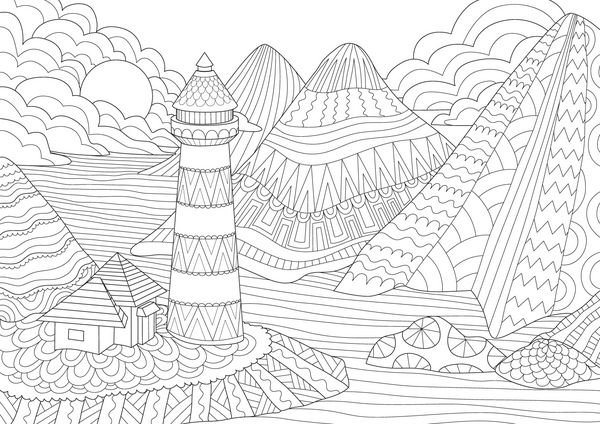 صفحه رنگ آمیزی کتاب رنگ آمیزی برای بزرگسالان تصاویر رنگ آمیزی خانه نور در میان کوه ها خورشید و صخره ها Antistress طراحی بصورت رایگان با عناصر doodle و zentangle