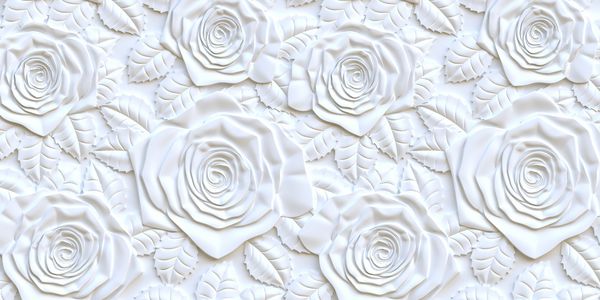 پانل تصویر 3 بعدی گل رز سفید به صورت فله با اندازه های مختلف با سایه روی یک پس زمینه سفیدپسند جشنوارنیپس زمینه سفید با جلوه 3 d پانل حجم با تصویر گل رز ارائه