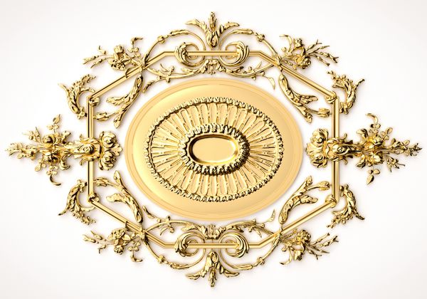 رندر سه بعدی برجسته زیبایی طلایی که بر روی سفید جدا شده است تزئینات حکاکی لوکس معماری جزئیات داخلی کلاسیک از طلا ساخته شده است اثاثه یا لوازم داخلی