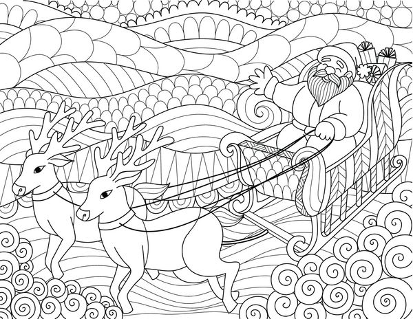 خطوط هنری بابانوئل با سورتمه سواری پر از جعبه های هدیه در خطوط هنری ابرهای موج دار برای کارت ها و صفحه کتاب رنگ آمیزی برای ضد استرس تصویر برداری