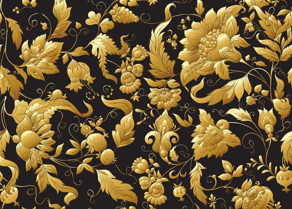 الگوی یکپارچه با گل های تزئینی سبک و سبک به سبک یکپارچهسازی با سیستمعامل پرنعمت گلدوزی ژاکوبین در تصویر برداری طلا و سیاه در رنگ های طلایی