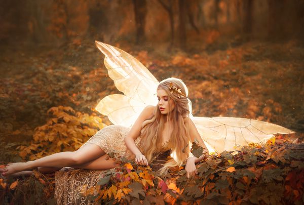 دختر باریک تبدیل به یک پری شد یک مدل با موهای بلند و تاج های طلایی روی برگهای جنگل در یک لباس بژ بلند و پاهای دارای بالهای درخشان در پشت عکس هنری پاییزی جوی است