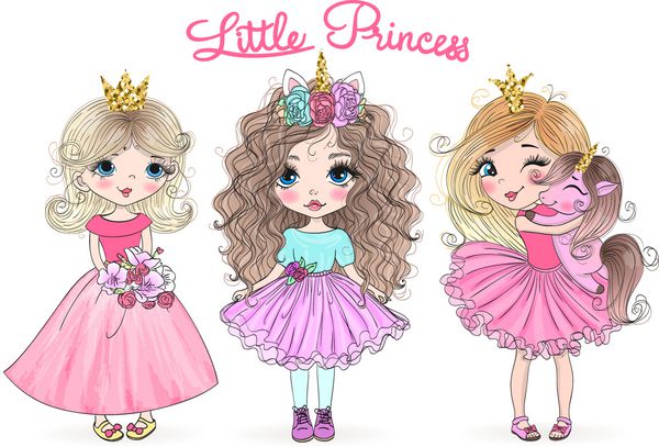 سه دست دختران زیبا شاهزاده خانم زیبا با تکشاخ کشیده شده است تصویر برداری