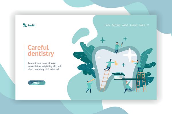 طراحی صفحه وب گروهی از دندانپزشکان کوچک مراقب دندان بزرگی هستند تصویر دیجیتال مدرن با اشکال صاف دندان بزرگ روی زمینه گیاهان