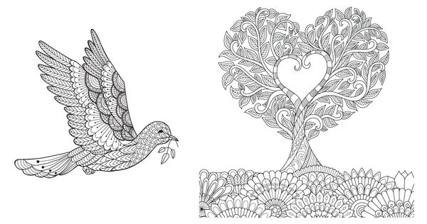 Zentangle از کبوتر با شاخه زیتون و خم درخت به شکل دلچسب برای عنصر طراحی و کتاب رنگ آمیزی صفحه رنگ آمیزی ضد استرس استفاده می شود