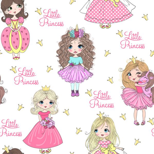 الگوی یکپارچه کارتونی با دختران پرنسس کوچک زیبا تصویر برداری