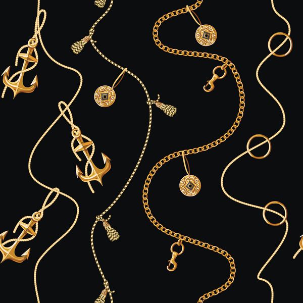 الگوی یکپارچه با لنگر طلا سکه و زنجیر برای طراحی پارچه وکتور