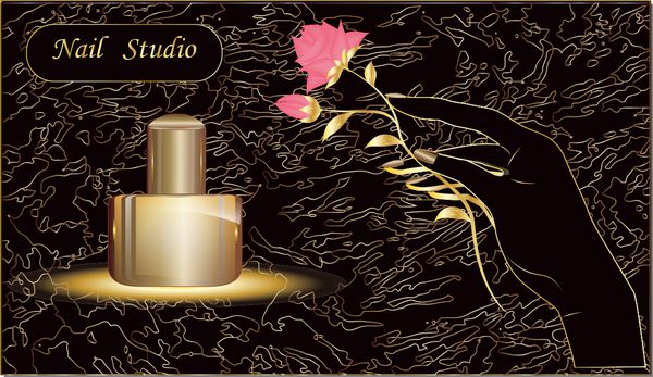دست زنانه گل رز بطری زیبا بر روی پس زمینه انتزاعی سیاه و طلایی وکتور کارت ویزیت سالن زیبایی