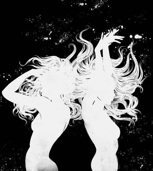 در جهان دختران جوان با موهای بلند در حال رقصیدن در برابر ستاره ها و کهکشان ها هستند تصویر کشیده شده دیجیتال با بافت آبرنگ آثار هنری رسانه ای مختلط