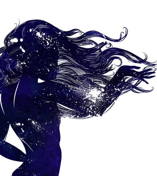 به تنهایی در جهان دختر جوانی با موهای بلند در حال رقصیدن در برابر ستارگان و کهکشان ها است تصویر کشیده شده دیجیتال با بافت آبرنگ آثار هنری رسانه ای مختلط