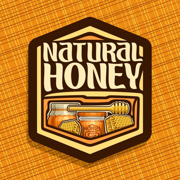 لوگو برای عسل طبیعی علامت شش ضلعی با زنبور عسل زنبور عسل چوب چاشنی چوب شیشه شیشه و گلدان عسل پوشانده شده از کاغذ عسل برچسب بسته بندی با نوع اصلی برای کلمات عسل طبیعی