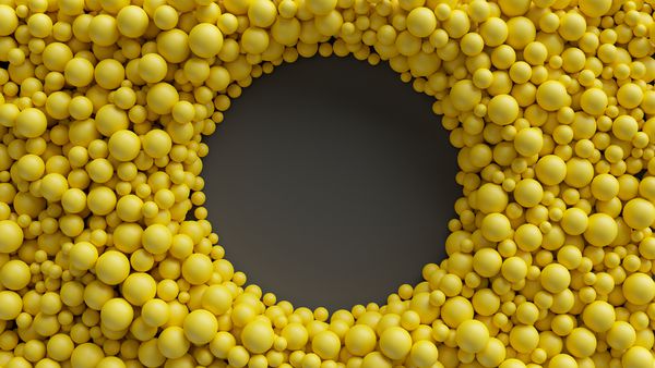 رندرهای سه بعدی توپ های زرد پس زمینه انتزاعی قاب دور سوراخ