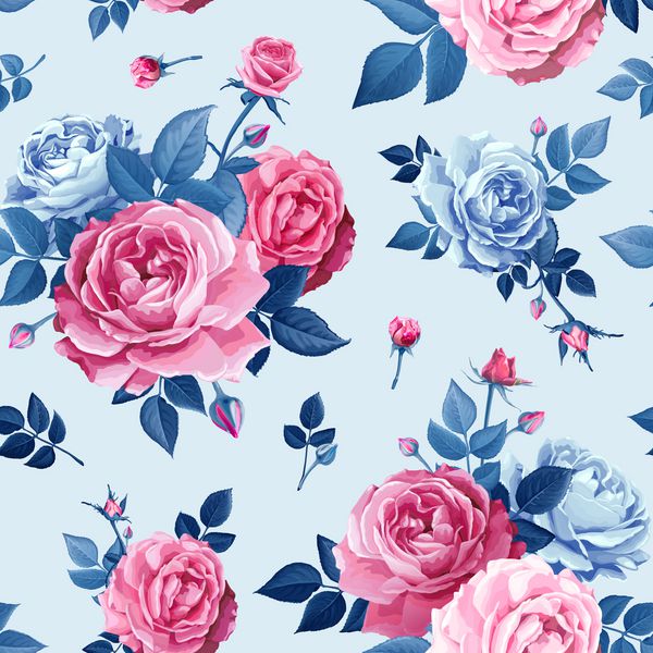 الگوی بدون درز بهار یا تابستان زیبا با دسته گلهای گل رز صورتی شکوفه برگهای آبی و جوانه ها با زمینه آبی روشن عنصر طراحی گل زیبا از منسوجات تصویر برداری