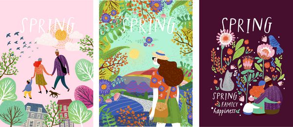 پوسترهای ناز از زمان بهار وکتورهای ترسیم شده از یک خانواده شاد در طبیعت دختران مقابل یک منظره و خانواده با یک گربه حیوان خانگی که احاطه شده با الگوهای گل