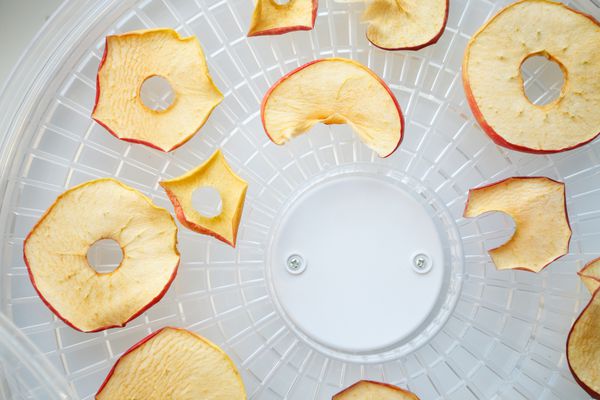 تراشه های تازه سیب خشک شده که در خشک کن میوه و سبزیجات تهیه شده اند مفهوم غذای گیاهی وگان رژیم غذایی سالم