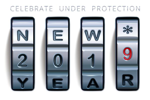 تحت حمایت جشن بگیرید قفل ترکیبی فولادی با متن تبریک سال نو 2019 قفل کد مورد بردار واقع گرایانه طراحی برای شرکت هایی که در زمینه حفاظت از داده ها و خدمات امنیتی تخصص دارند