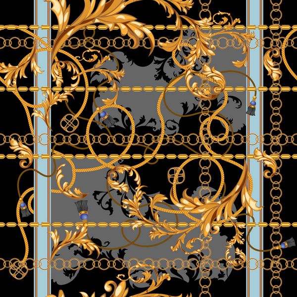 وصله باروک با زنجیرهای طلایی و گچبری الگوی یکپارچه برای روسری چاپ پارچه
