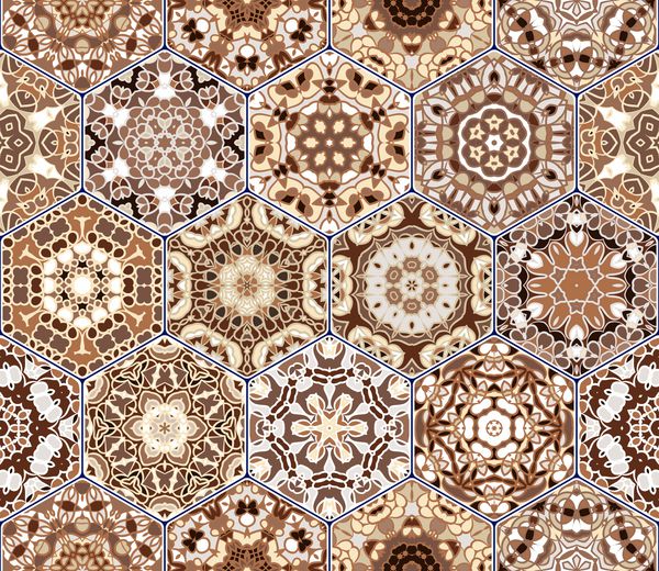 الگوی بدون درز کاشی های شش ضلعی با تزئینات پرنعمت مجموعه وکتورهای رنگارنگ عناصر برای طراحی کاغذ دیواری پارچه یا کاغذ بسته بندی
