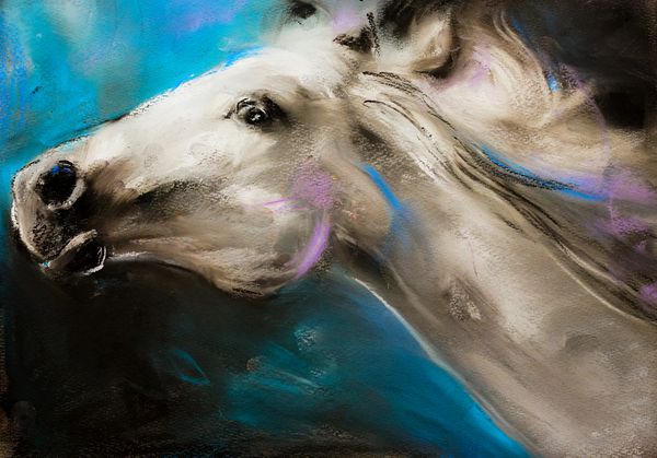 نقاشی پاستیل اصلی پرتره پاستیل یک اسب سفید هنر مدرن