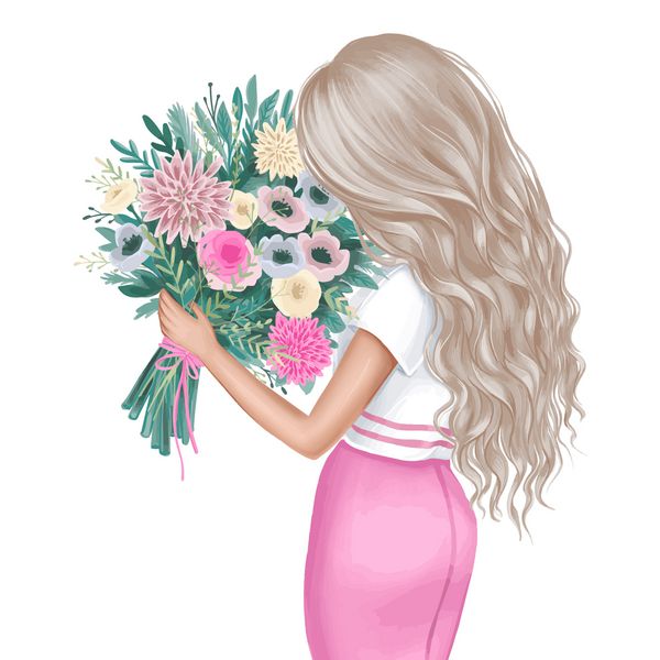 دختر زیبا با دسته گل نمای عقب دختر ناز با موهای مجعد و مو تصویر مد زن جوان گل ها را می کند خانم شیک مدل موهای موج دار