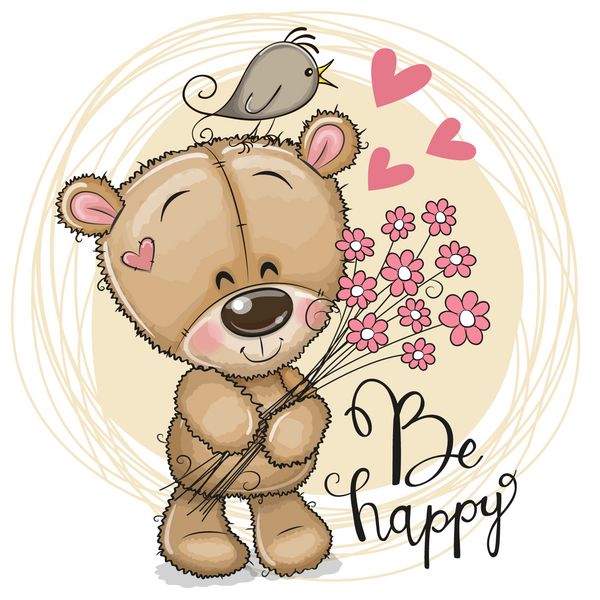 کارت پستال کارتون ناز خرس عروسکی با گل