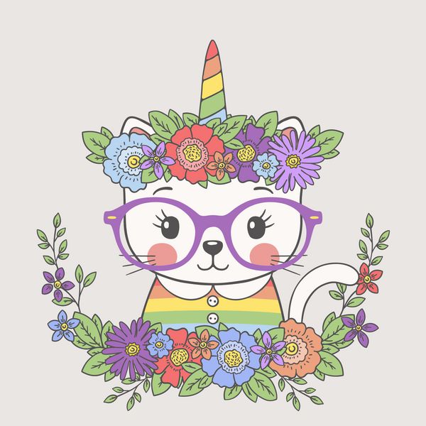 صورت دختر گربه تکشاخ با تاج گل عینک تصویر برداری کارتونی ناز