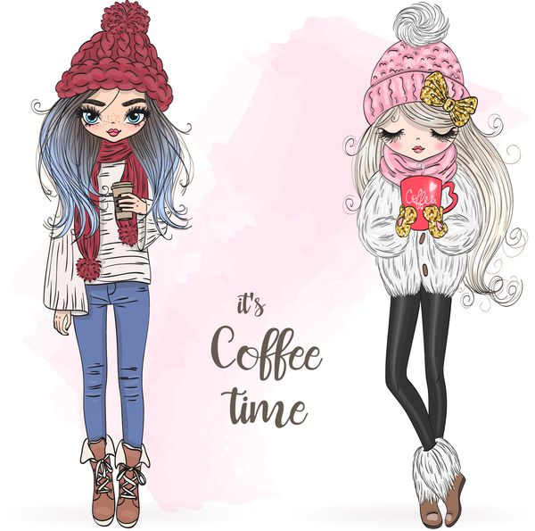دو دست دختران زیبا و زمستانی زیبا با قهوه در دست او کشیده شده است تصویر برداری