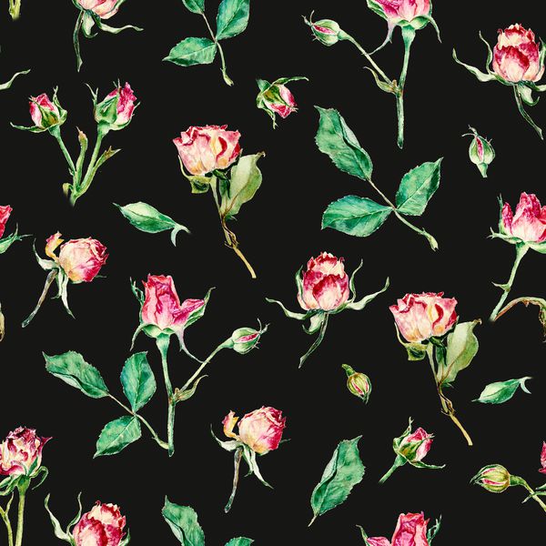 چای الگوی بدون درز آبرنگ را در زمینه سیاه و سفید گل سرخ می کند دست کشیده بافت زمینه عاشقانه برای صفحات وب دعوت عروسی منسوجات کاغذ دیواری گل رز باغ مینیاتوری برای طراحی شما