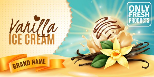 بستنی وانیلی پوستر تبلیغاتی محصول با طعم طبیعی گل با غنچه های بذر معطر گل گیاه تصویر برداری واقع گرایانه