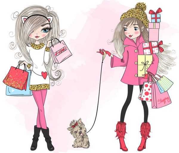 دو دست دختر زیبا و زیبا خرید زمستانی با یک هدیه کیف و سگ ترسیم شده است تصویر برداری