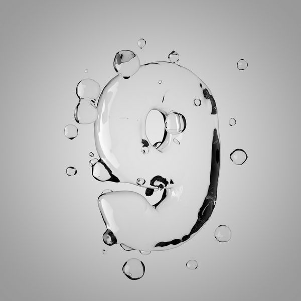 شماره آب سه بعدی 9 فونت آب شفاف 3 بعدی با قطره های جدا شده در پس زمینه نور