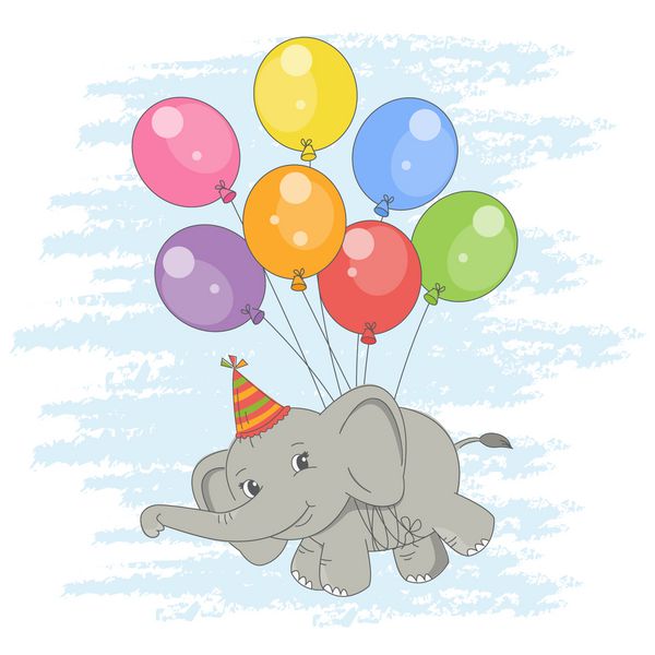 کارت تولدت مبارک تصویر رنگارنگ با فیل پرواز ناز در یک بالن وکتور
