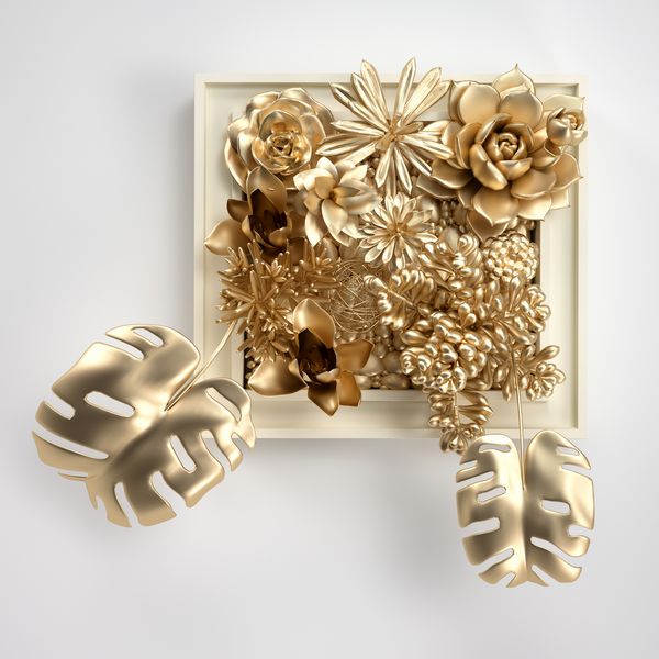3D عناصر طراحی برگ و گل را طلایی کنید عناصر دکوراسیون برای کریسمس خانه دعوت کارت های عروسی روز ولنتاین کارت های تبریک گلدان های گلدانی جدا شده بر روی زمینه سفید