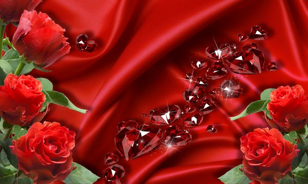 کاغذ دیواری سه بعدی گل رز قرمز در زمینه ابریشم پس زمینه جشن 3D روز ولنتاین