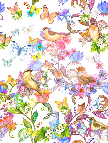 فانتزی رنگارنگ در باغ گل با پرندگان زیبا بافت بدون درز نقاشی آبرنگ