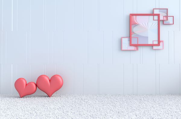 اتاق سفید عشق تزئین شده با قلب قرمز قاب عکس دیوار سیمانی آن به صورت الگوی شبکه اتاق های عشق در روز ولنتاین طراحی داخلی و پیش زمینه رندر سه بعدی