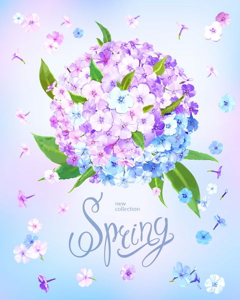 زمینه گل زیبا با گل های شکوفه ای از گل های صورتی یاس و آبی روشن و برگ های سبز کتیبه کتیبه بر روی پس زمینه آبی آسمان پاستلی تصویر برداری