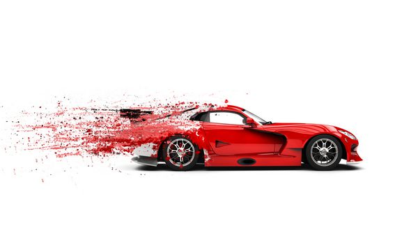 سوپر ماشین قرمز مسیرهای پرواز رنگی تصویر 3D