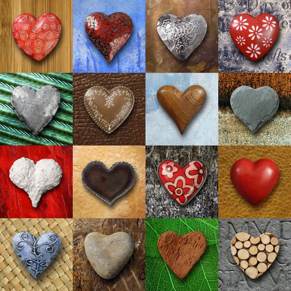 عکس هایی از وسایل قلبی مانند ساخته شده از سنگ فلز و چوب در زمینه های مختلف