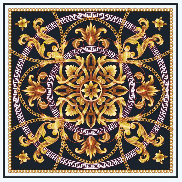 روسری طراحی با عناصر و زنجیره های باروک طلایی