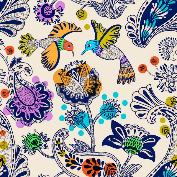 الگوی بدون درز گلها و پرندگان تصویر زمینه تزئینی رنگارنگ زمینه گل زیبا گل و گیاه بصورت رسم شده طراحی پارچه پارچه کاغذ بسته بندی پوشش فرش