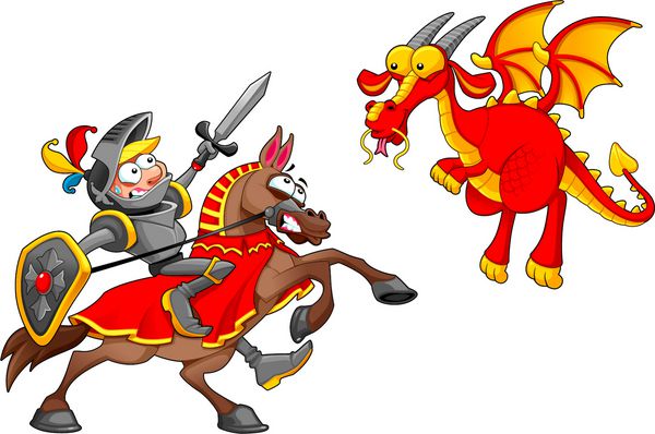 شوالیه در اسب که با اژدها می جنگد کارتون خنده دار فانتزی قرون وسطایی شخصیت های بردار جدا شده