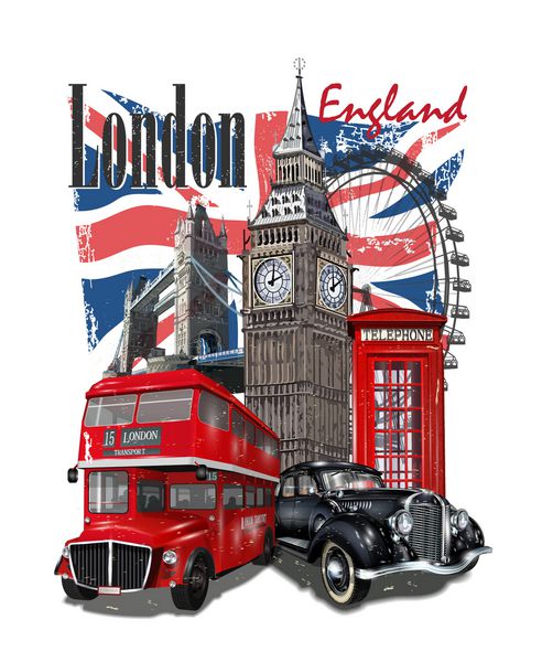 تایپوگرافی لندن برای چاپ تی شرت با بیگ بن ماشین یکپارچهسازی با سیستمعامل اتوبوس و غرفه تلفن قرمز