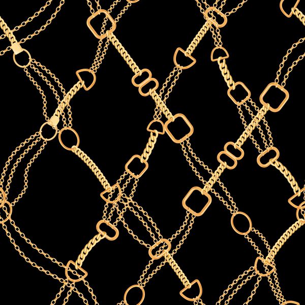 الگوی یکپارچه مد زنجیره ای طلایی زمینه پارچه ای با زنجیره طلا طراحی لوکس با عناصر جواهرات برای منسوجات کاغذ دیواری تصویر برداری