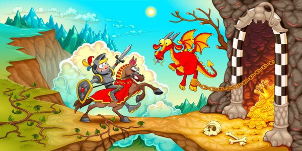 شوالیه در حال جنگ با اژدها با گنج در یک منظره کوهستانی است تصویر برداری فانتزی قرون وسطایی کارتونی خنده دار