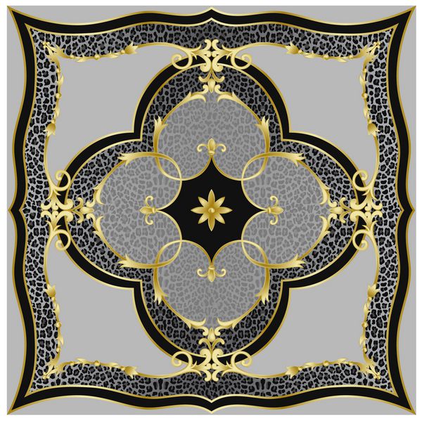 الگوی شال پلنگ لوکس با عناصر تزئینی کلاسیک طلای گل ترکیب مربع پس زمینه لوکس روسری و چاپ نساجی کاشی داخلی