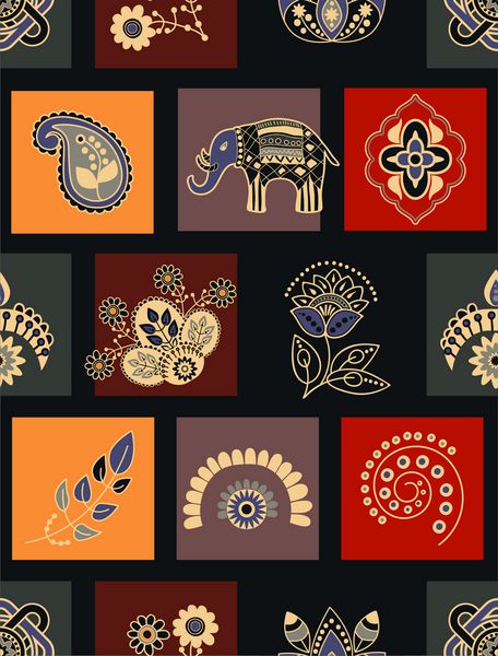 الگوی بدون درز وکتور زینتی کاغذ دیواری بدون درز قومی زمینه هندسی با عناصر هندی تزئینی زمینه های تزئینی مربع های رنگارنگ طراحی پارچه پارچه پوشش