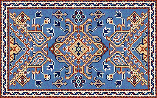 فرش رنگی موزائیک شرقی با تزئینات هندسی سنتی فرش طرح دار با قاب مرزی 213 x 133 سلول الگوی بخیه متقاطع تصویر برداری 10 EPS