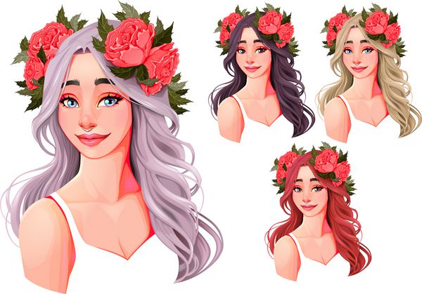 دختران زیبا با گلهای روی سرشان چهار رنگ مو شخصیت های جدا شده